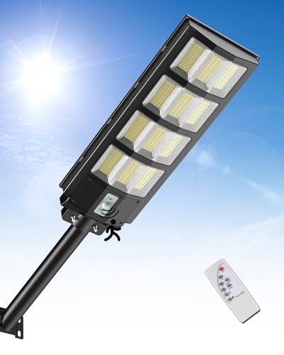 Bellanny Lampione Solare LED Esterno 600W 468LEDs Lampioni con Sensore di Movimento e Crepuscolare, 6500K Faro Stradale con palo e telecomando, IP65 Impermeabile Lampada Solari per Giardino Strada