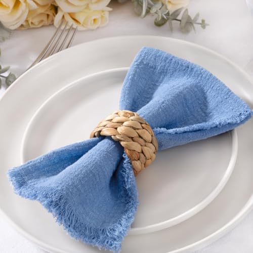 Image of MLMC 10 Pack Dusty Blue Cloth Napkins with Fringe Boho Linen Napkins Washable Reusable Rustic Dinner Table Decor 17 inchx17 inch for Wedding Party Bridal Baby Shower Home Decor