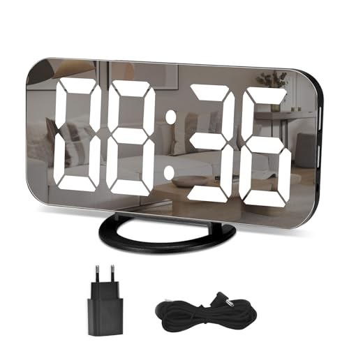 Digitaler Wecker, Spiegel, Wecker, großes Display, 6,5 Zoll (6,5 Zoll), mit Dimmmodus, Helligkeit verstellbar, 2 USB-Ladeanschlüsse, große Snooze-Taste für Home Decor schwarz
