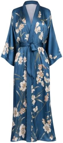 Aensso Long Floral Kimono Robe for Women Silky Lightweight Satin Lounge Robe with Elegant Drape for Bridal, Spa& Lounging