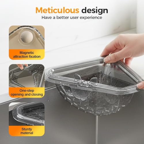 Magnetischer Dreieck Abflusskorb für Küchenspüle, Ohne Bohren, Spülbecken Ecksieb mit Drehverschluss, Multifunktionaler Abtropf- & Filterkorb für Lebensmittelreste, Obst & Schwamm, Platzsparend (A)