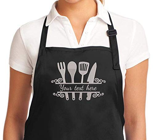 Personalized Chef Apron Embroidered Kitchen Design Aprons For Women And Men, Kitchen Chef Apron 2 Pockets And 40" Long Ties, Adjustable Bib Apron For Cooking, Serving - Black/White/Blue/Red #TOP6