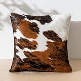 ecowhides Cowhide Pillow Case, 15” x 15” Tricolor Genuine Leather Cowskin Throw Pillow Cover, Brown Black & White (One Sided, Case Only)