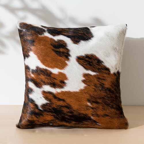 Tricolor Brazilian Cowhide Pillow Cover – Genuine Leather Decorative Cushion for Rustic and Western Home Décor (15” x 15”)
