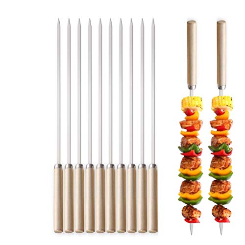 DTnewsun Pinchos para barbacoa, pinchos para barbacoa con mango de madera, pinchos antiquemaduras, pinchos de kebab de acero inoxidable (12 palos) para carne, verduras, pan para asar