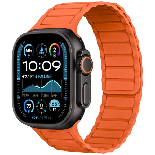 THWALK Magnetic Link Solo Loop Sport Silicone Bands Compatible with Apple Watch Ultra 3/2/1 49mm Series 11/10 46/42mm 9/8/7 45/41mm SE 6/5/4 44/40mm 3/2/1 42/38mm for Women Men (Orange 44/45/46/49mm)