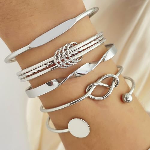 Rrdaily 14k Gold Plated Bangle Bracelet Set for Women,Silver Stackable Multi-Layer Circle Charm Bracelet,Trendy Simple Layered Non Tarnish Cuff Bracelet3