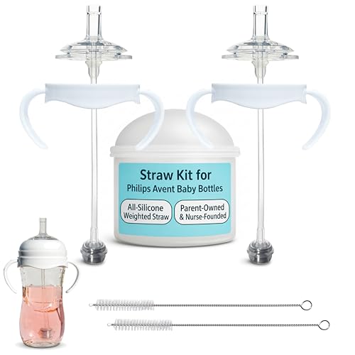 Straw Cup Conversion Kit for Philips Avent Natural Baby Bottles 2-Count, Food Grade Silicone Straw Nipples and Weighted Straw, Bottle Handles, Cleaning Brush, BPA-Free, Sippy Transition, 6+ Months