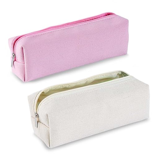 Image of SenseYo 2 Pack Small Pencil Case Pouch Bag Box Stationery Storage Organizer with Zipper for Teen and Adult (Pink & Beige)
