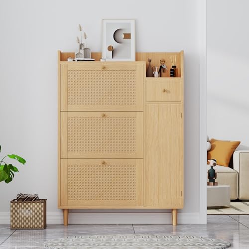 DHWDS Zapatero de ratán estrecho con 3 puertas basculantes y cajones, espacio de almacenamiento para pasillo, entrada y dormitorio, aparador moderno con patas de madera maciza, color blanco/natural