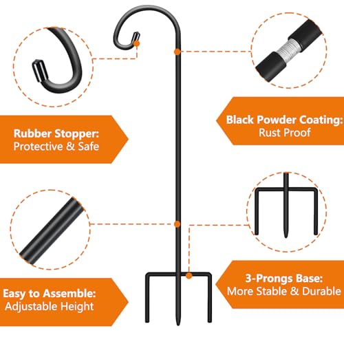 Image of Gtongoko 32 Inch Shepherd Hooks for Outdoor 8 Pack, Adjustable Garden Hooks for Hanging Plants, Lanterns, Solar Lights, Mason Jars & Wedding Decor, Matte Black Decorative Shepherd's Hooks