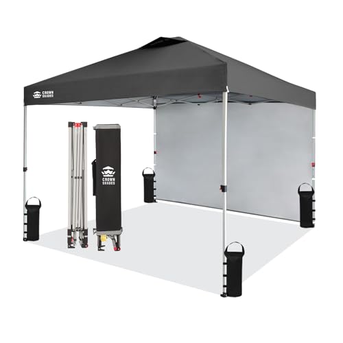 CROWN SHADES 10x10 Pop Up Canopy with 1 Side Wall - Beach Tent with One Push Setup - Outdoor Sun Shade for Events, Parties, Camping - Gazebo with STO-N-Go Cover Bag (Grid Grey)