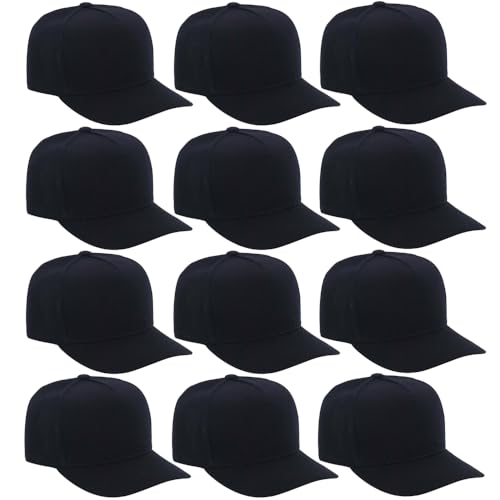 12 Pack Seamless Baseball Caps Wholesale Bulk - No Center Seam DIY Friendly Adjustable Breathable Lightweight for Men Women Black
