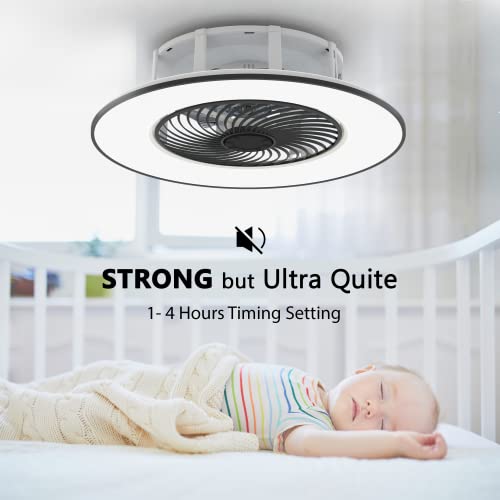 Primemall Bladeless Ceiling Fan With Light And Remote Control Low Profile Ceiling Fan 22" Modern Enclosed Multi-Speed Indoor Ceiling Fan 3 Color Temperatures Smart Led Dimmable Lighting (Black) #TOP2