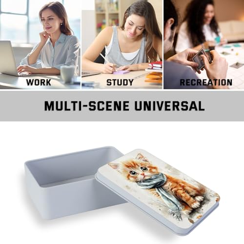 Image of Metal Tin Box with Lid,Multi-functional Storage Large Box Can Store Tea Biscuits Game Cards, Playing & Tarot Cards-Comes with 4 Magnetic Cord Clips,Kitten with Blue Scarf
