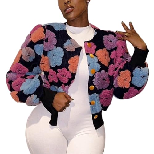Yimoon Womens Cropped Floral Print Jacket Puff Sleeve Fleece Bomber