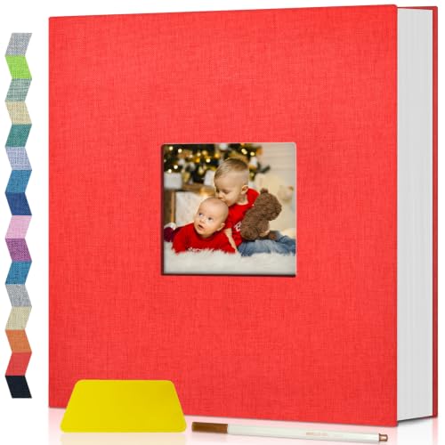 Popotop Photo Album Self Adhesive with Picture Display Window,60 Pages DIY Scrapbooking Supplies Kit for 4x6 8x10 Picture,Linen Cover Memory Book for Baby Wedding, with Scraper and Metallic Pen