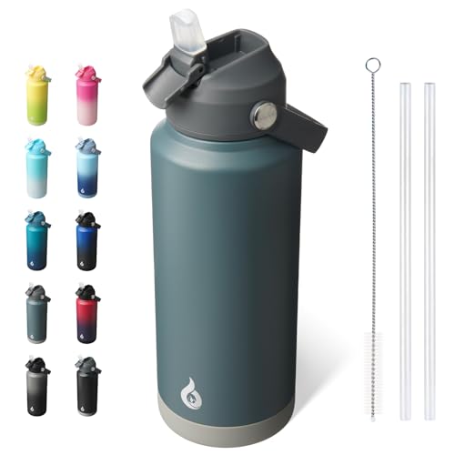 Image of BJPKPK Water Bottle with Straw Lid, 32oz Vacuum Insulated Water Bottles, Metal Stainless Steel Thermo for Sports, Travel, BPA Free Leak Proof Thermo, Cups, Flasks, Tumblers, Grey