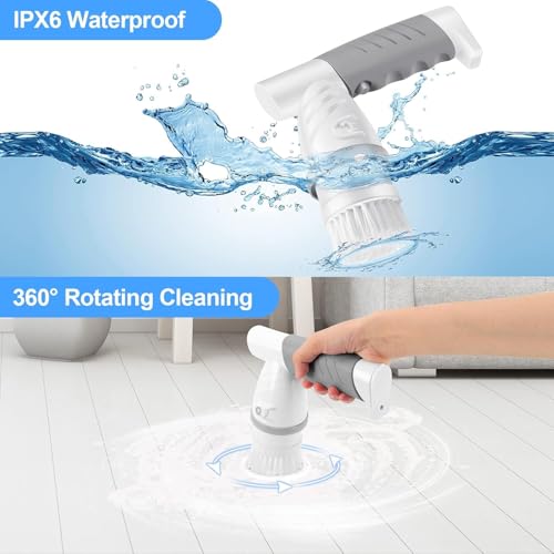 Image of Electric Spin Scrubber, Shower Scrubber with Handle, Waterproof Portable Bathroom Cleaner Brush, Cordless Electric Cleaning Brush with 5 Replaceable Brush Heads for Floor Tile Tub Wall Window Kitchen
