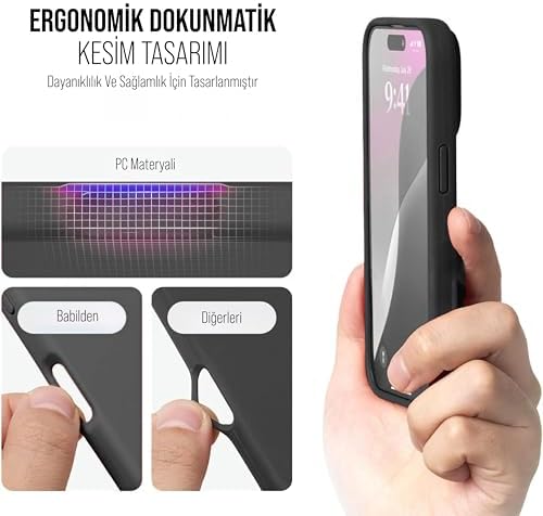 Babilden iPhone Kılıf İnce Sıvı Silikon 3 Katmanlı Tam Kaplamalı Yumuşak Jel Kauçuk Kılıf Kapak, Antrasit Siyah (iPhone 14 Pro 50) - Görsel 7