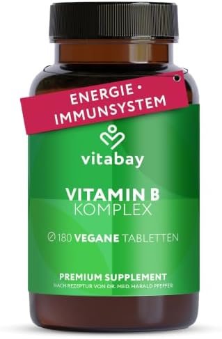 Vitabay Vitamin B Komplex hochdosiert – 180 Tabletten für 6 Monate | enthält alle 8 B-Vitamine (B1, B2, B3, B5, B6, B7, B9, B12) – ohne Zusätze – vegan und laborgeprüft in Deutschl