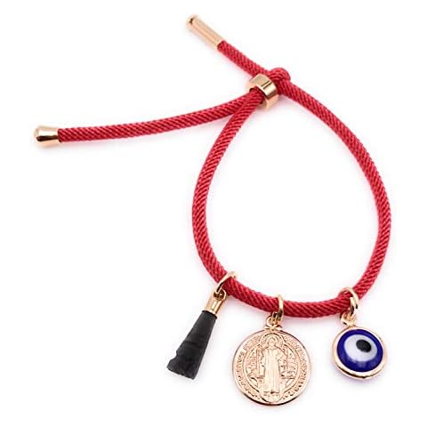 18K Gold Plated Saint Benedict Red String Bracelet Adjustable Charm Evil Eye & Dainty Genuine Azabache Hand Cover