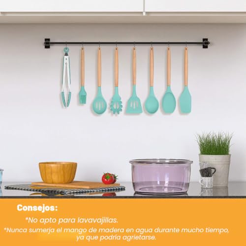 Miniatura 7 de Lychee 12 Piezas Utensilios De Cocina De Silicona, Utensilios De Cocina De Silicona Resistentes Al Calor Y Antiadherentes Con Mango De Madera Para Utensilios Verde