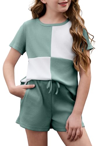blibean Tween Girls Summer Clothes Set Big Kids Short Sleeve Waffle Shirt Shorts Outfits Fashion Two Piece Colorblock Textured Knit Tops Beach Pockets Rompers Size 14 15 16 Years Old Green