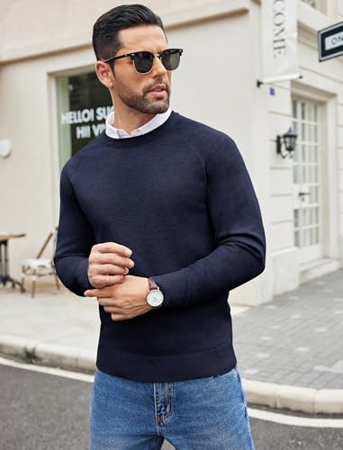 Coofandy Men'S Crew Neck Sweater Slim Fit Casual Dress Raglan Sweater Lightweight Crewneck Pullover Sweater Long Sleeve Knitted Wear Navy Blue thumb #3