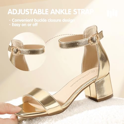 Image of Hehainom Girls Dress Shoes Heels Sandals Little Big Kids Square-Toe Ankle Strap Wedding Party Flower Girls Shoes