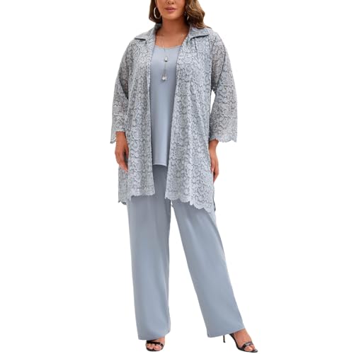 Plus Size Mother of The Bride 3 Piece Lace Pant Suit Set Formal Wedding Guest Attire for Weddings Evening Party Occasions Grey by Go Mai - Used condition - US$88.56