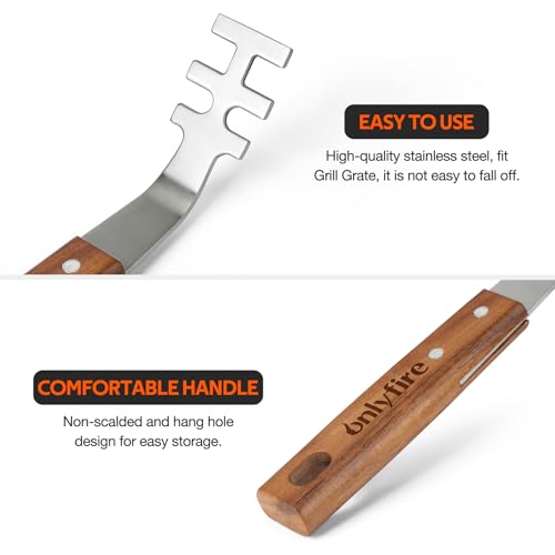 onlyfire Grillrostheber Edelstahl mit Holzgriff, Grillzubehör für Edelstahlroste und Grillrost Gusseisen, Universal Grillwerkzeug, 2 Stück
