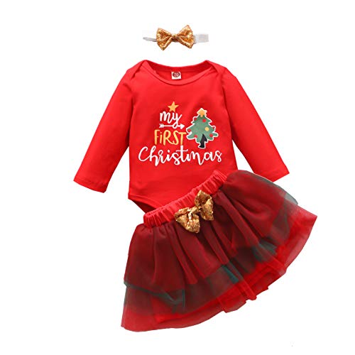 Geagodelia Ensemble Vêtement de Noël Bébé Fille Déguisement Costume Noël Tenue 3 Pièces My 1st Christmas Combinaison + Jupe Tulle Tutu avec Nœud Pailleté + Bandeau (100/18-24 Mois, Rouge) Cover