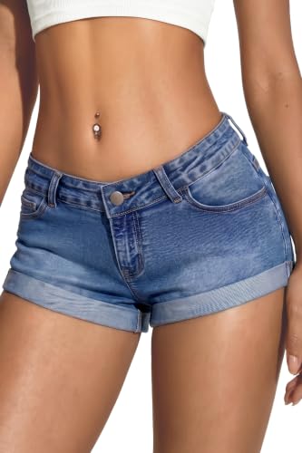 ELLEVEN Low Rise Jean Shorts for Women Y2k Mini Denim Shorts Micro Cute Summer Shorts High Stretchy Streetwear 2000s Trendy 2026 Blue Denim Medium