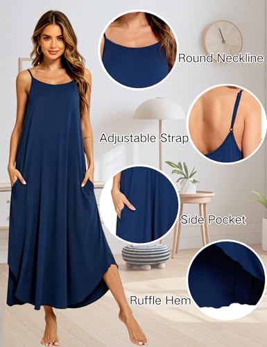 Image of SWOMOG Women Long Nightgown Pajama Dress Soft Strap Nightdress Summer Sleeveless Nightshirt Lounge Dress with Pockets