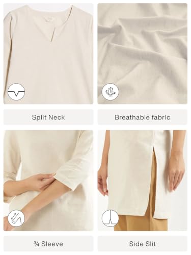 Image of SAADAA Airy Linen Mid Thigh Length Kurta for Women | Stylish Split Neck, 3 /4 Sleeves & Side Pockets | Comfortable Everyday Wear Kurta | Breathable Fabric |