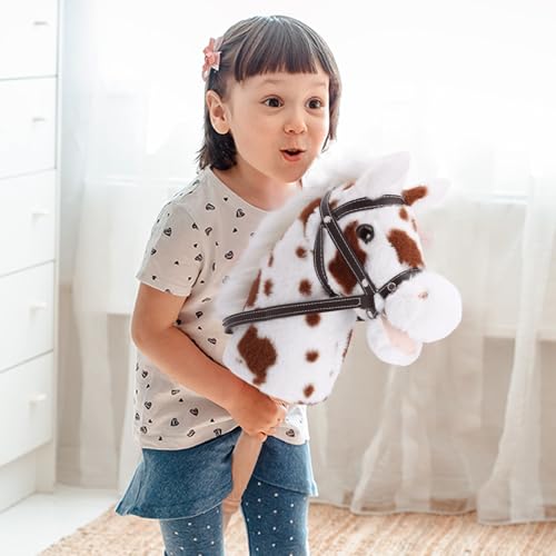 Linzy Toys 35.5\" Plush Stick Horse - Funny Hobby Horse with Pony Sound, Soft Realistic Mane & Durable Leather Reins, Pretend Play Riding Toy for Boys & Girls Ages 3+ (Spotted)