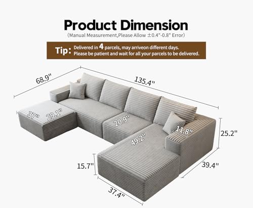 Image of 135.4 inch Cloud Modular Sectional Couch with 1 Ottoman,Modern Minimalist Upholstered Couches, Comfort U Shaped Sofa for Living Room,Deep Seat Corner Couch,No Assembly Required (Grey,Right Facing Chaise)