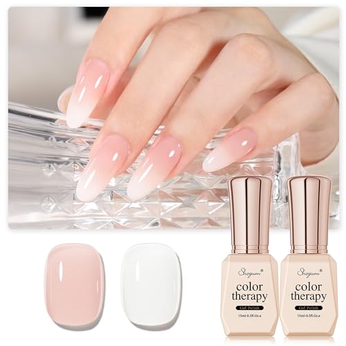 2Pcs Jelly Milky White Gel Nail Polish, 15ml 2 Colors Sheer Nude Pink Translucent Soak Off UV Gel Polish Set for Nail Art DIY Manicure at Home, Sheer Nude