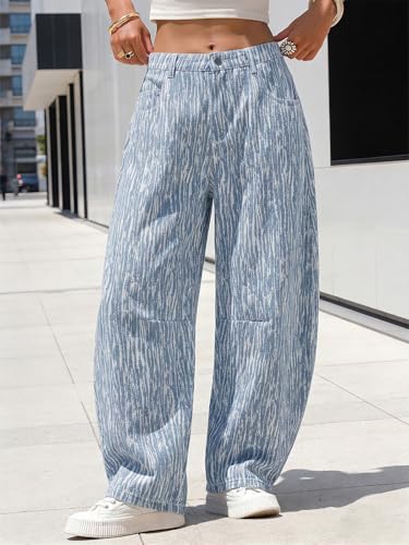 Image of EXLURA Womens Barrel Jeans Wide Leg Y2K Boyfriend Denim Pants Hip Hop Vintage Baggy Jeans Cotton Mid-Low Elastic Waist Pants