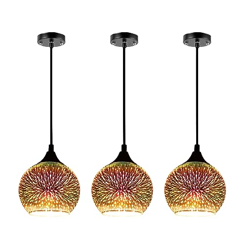 JEUNEU A Set of 3 Modern Glass Pendant Lights,Colourfull 3D Firework Lamp,Suitable for Island Living Room,Kitchen,Dining Room etc