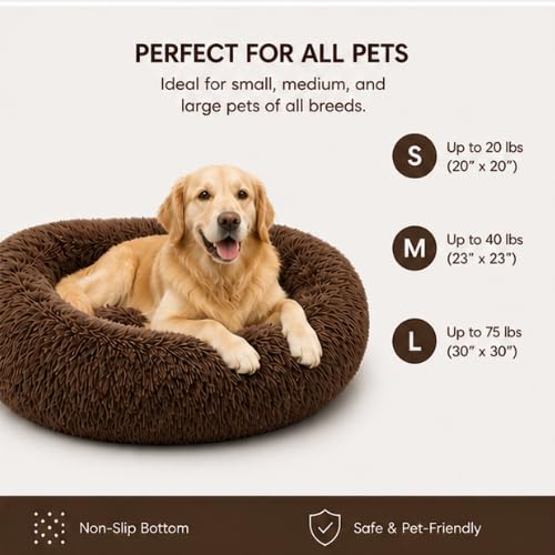 Image of Premium Small Dog & Cat Bed, Calming Plush Round Pet Bed with Raised Rim, Anti-Slip Base & Washable Design (Brown)