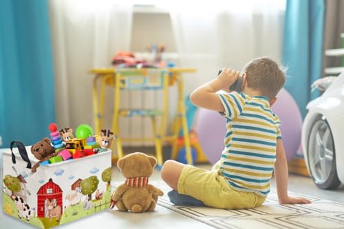 Image of Rectangular Kids Baskets,Farm Baskets for Kids .Waterproof PE Coating Cute Basket with Handles.Boys Bins,Gifts Box,Books Basket. (Farm)