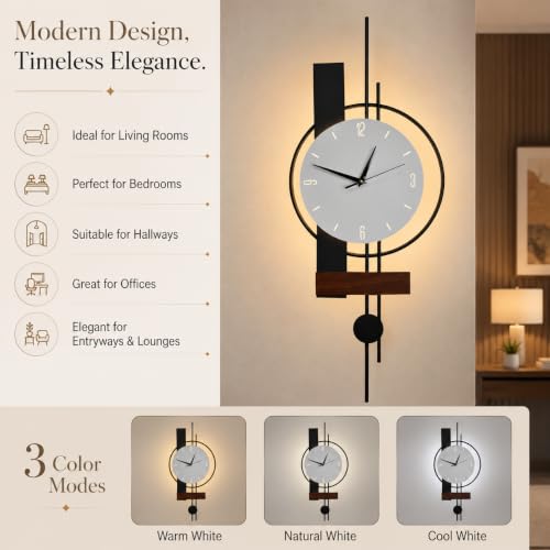 Image of Smartway Lerzo 6W LED Wall Lamp with Analog Clock | Modern Decorative Wall Light | 3 Color Modes | Wooden Accent Wall Clock Light for Bedroom, Living Room, Hallway & Bedside | 1-Year Warranty
