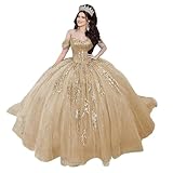 Mauuwy Champagne Quinceanera Dresses Beaded Gold Appliques Lace Ball Gown Princess Off Shoulder Ruched Sweet 16 Dress Vestidos De 15 Anos Xv Size 10