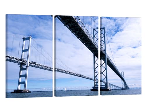 3 Pieces Chesapeake Bay Bridge Wall Art Maryland Cityscape Wall Decor USA Maryland Wall Art Canvas Print Picture Painting Dining Room Bathroom Decoration Poster with Frame Ready to Hang 20X40X3 INCH