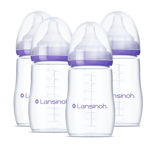 Image of Lansinoh Anti-Colic Baby Bottles, BPA-Free Plastic, 8 Ounces, 4 Count, Medium Flow Nipples (Size M), Breastfeeding Bottle with NaturalWave Design