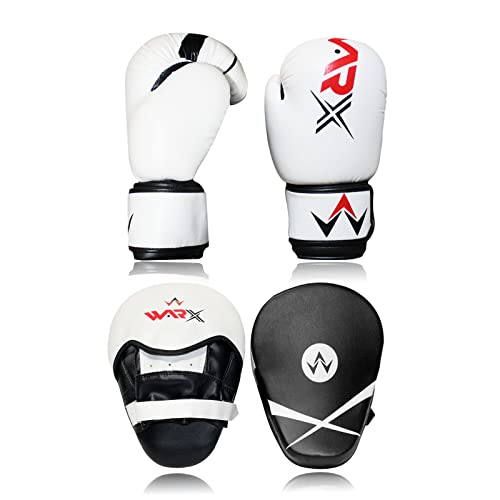 WARX Boxing Gloves and Pads set Focus Punch Mitts MMA Training Sparring Hook and Jab strike target with Punching Gloves (White 16oz)
