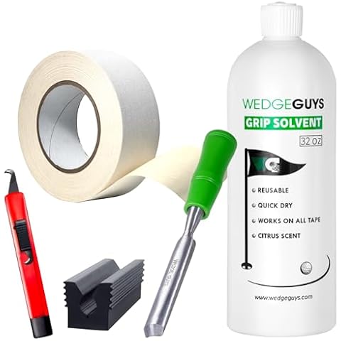 Wedge Guys Golf Grip Tape Roll Kit | 2x18 Yard Tape Roll, 32 Ounce Grip Solvent, Hook Blade, Grip Tape Remover, and Bench Vise Clamp | Cover