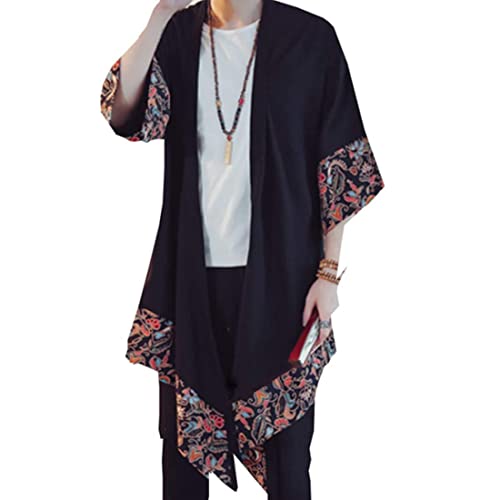 HZCX FASHION Men's Cotton Linen Long Kimono Jackets Open Front Cardigan Cloak